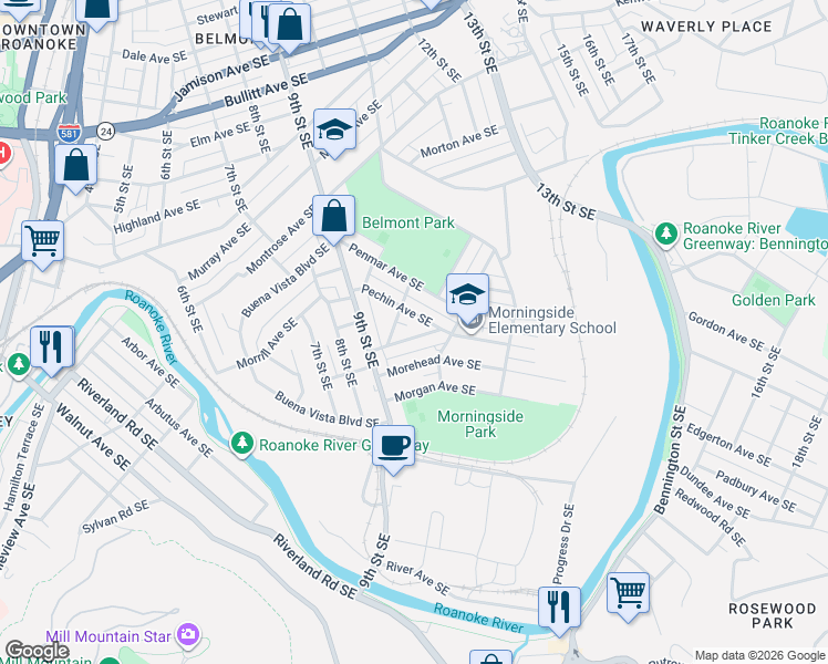 map of restaurants, bars, coffee shops, grocery stores, and more near 952 Morehead Avenue Southeast in Roanoke