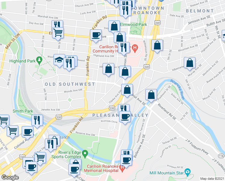 map of restaurants, bars, coffee shops, grocery stores, and more near 1318 Maple Avenue Southwest in Roanoke