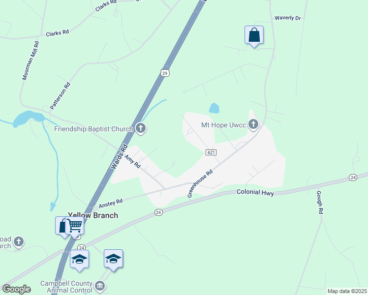 map of restaurants, bars, coffee shops, grocery stores, and more near 1394 Greenhouse Road in Rustburg