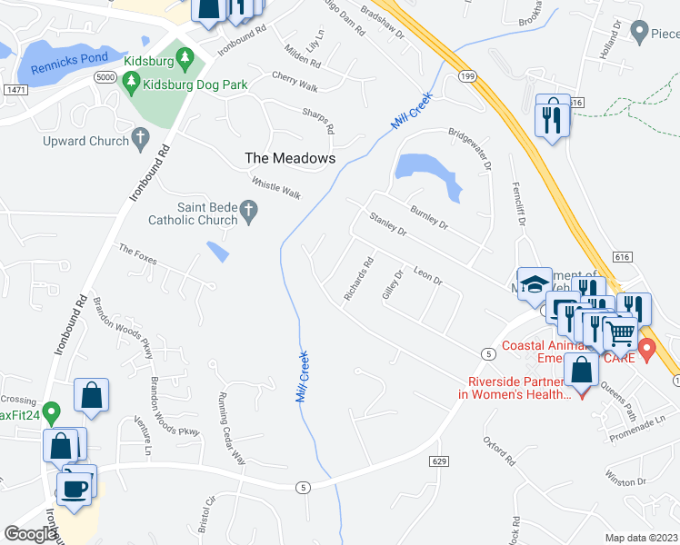 map of restaurants, bars, coffee shops, grocery stores, and more near 108 Deer Spring Road in Williamsburg