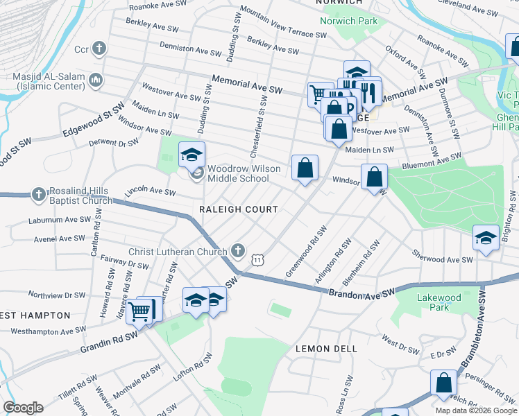 map of restaurants, bars, coffee shops, grocery stores, and more near 1901 Belleville Road Southwest in Roanoke