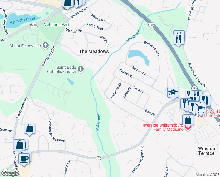 map of restaurants, bars, coffee shops, grocery stores, and more near 108 Deer Spring Road in Williamsburg