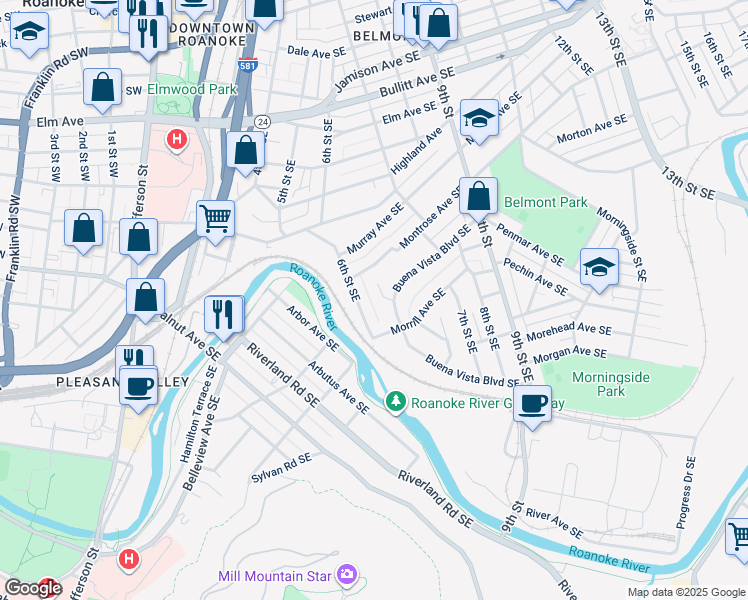 map of restaurants, bars, coffee shops, grocery stores, and more near 622 Morrill Avenue Southeast in Roanoke