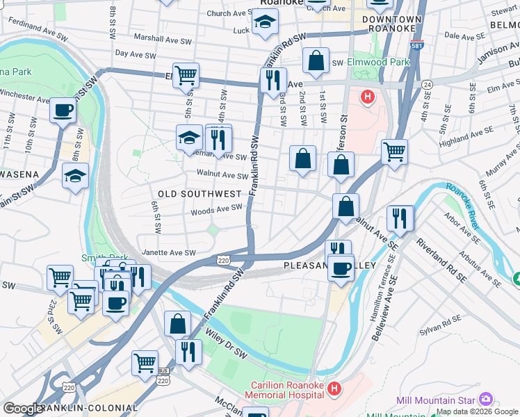 map of restaurants, bars, coffee shops, grocery stores, and more near 1510 Franklin Road in Roanoke