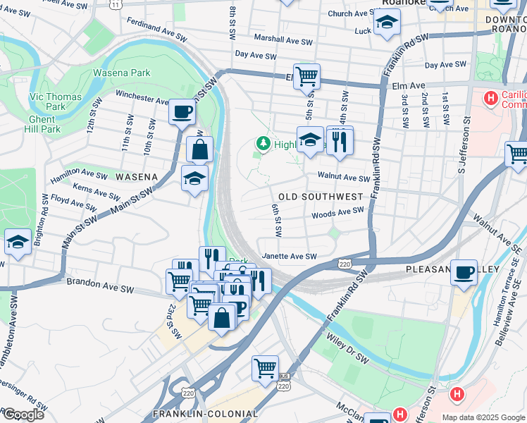 map of restaurants, bars, coffee shops, grocery stores, and more near 606 Woods Avenue Southwest in Roanoke