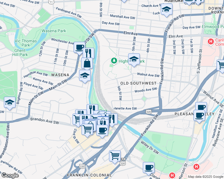 map of restaurants, bars, coffee shops, grocery stores, and more near 636 Woods Avenue Southwest in Roanoke