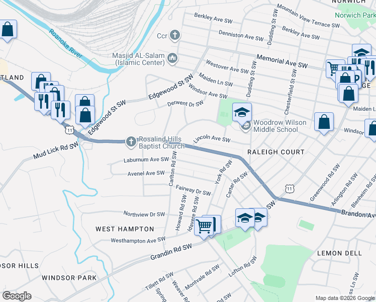 map of restaurants, bars, coffee shops, grocery stores, and more near 2522 Laburnum Avenue Southwest in Roanoke