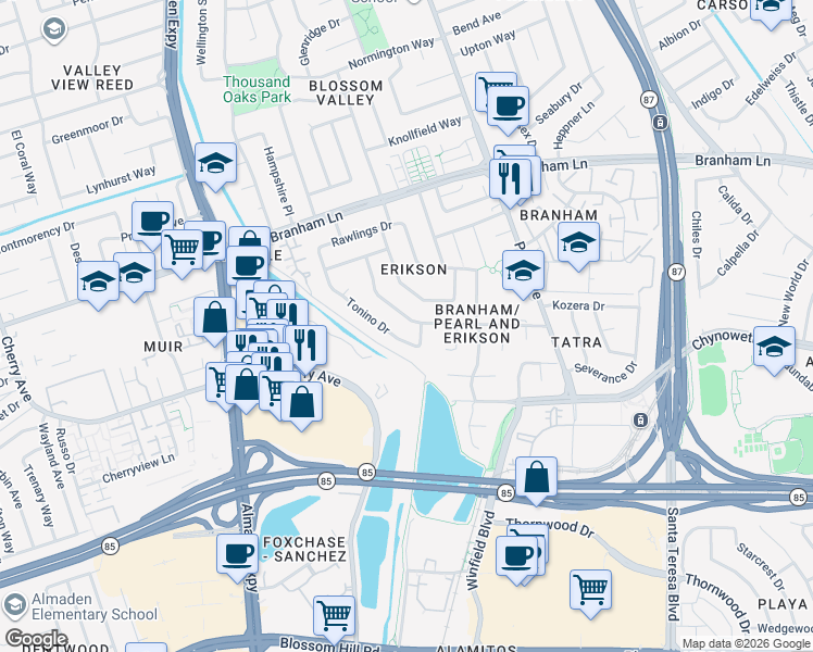 map of restaurants, bars, coffee shops, grocery stores, and more near 4901 Tonino Drive in San Jose