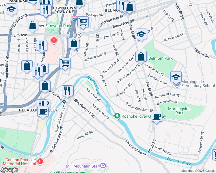 map of restaurants, bars, coffee shops, grocery stores, and more near 1331 6th Street Southeast in Roanoke