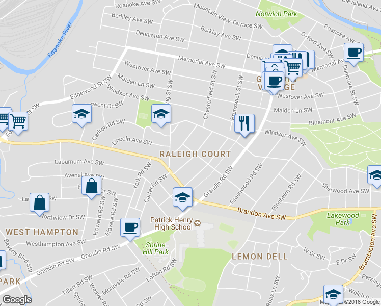 map of restaurants, bars, coffee shops, grocery stores, and more near 1901 Avon Road Southwest in Roanoke