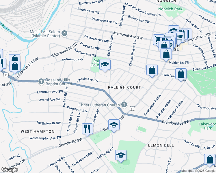 map of restaurants, bars, coffee shops, grocery stores, and more near 1909 Carter Road Southwest in Roanoke