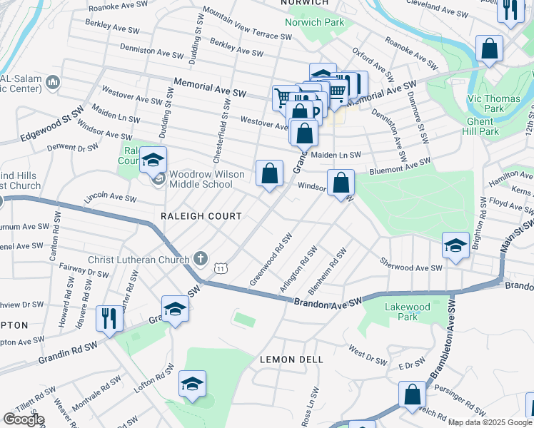 map of restaurants, bars, coffee shops, grocery stores, and more near 1807 Grandin Road Southwest in Roanoke