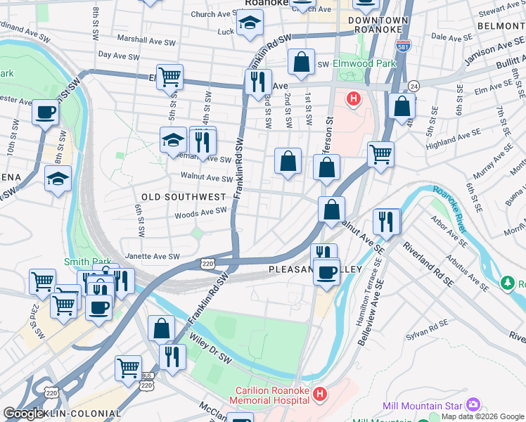 map of restaurants, bars, coffee shops, grocery stores, and more near 1324 3rd Street Southwest in Roanoke