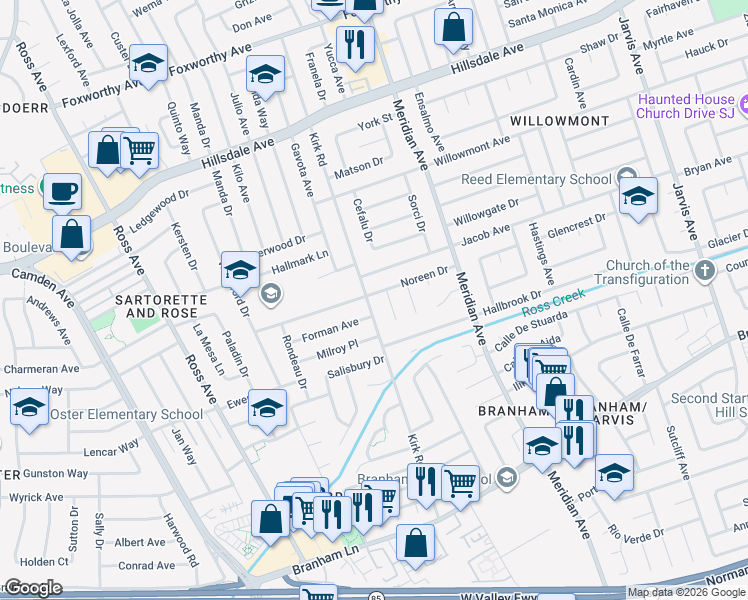 map of restaurants, bars, coffee shops, grocery stores, and more near 4118 Kirk Road in San Jose