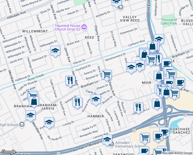 map of restaurants, bars, coffee shops, grocery stores, and more near 1364 Boysea Drive in San Jose