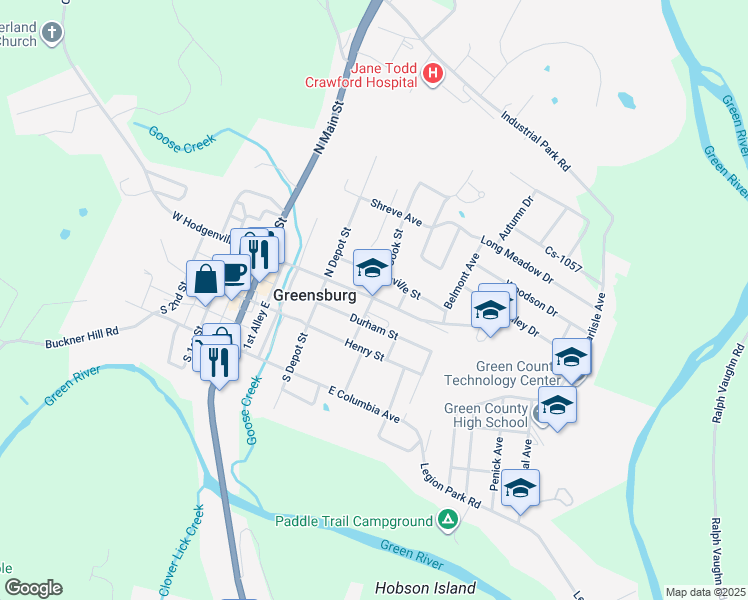 map of restaurants, bars, coffee shops, grocery stores, and more near 401 East Hodgenville Avenue in Greensburg