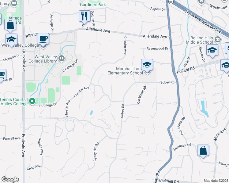 map of restaurants, bars, coffee shops, grocery stores, and more near 18807 Hilltop Way in Saratoga