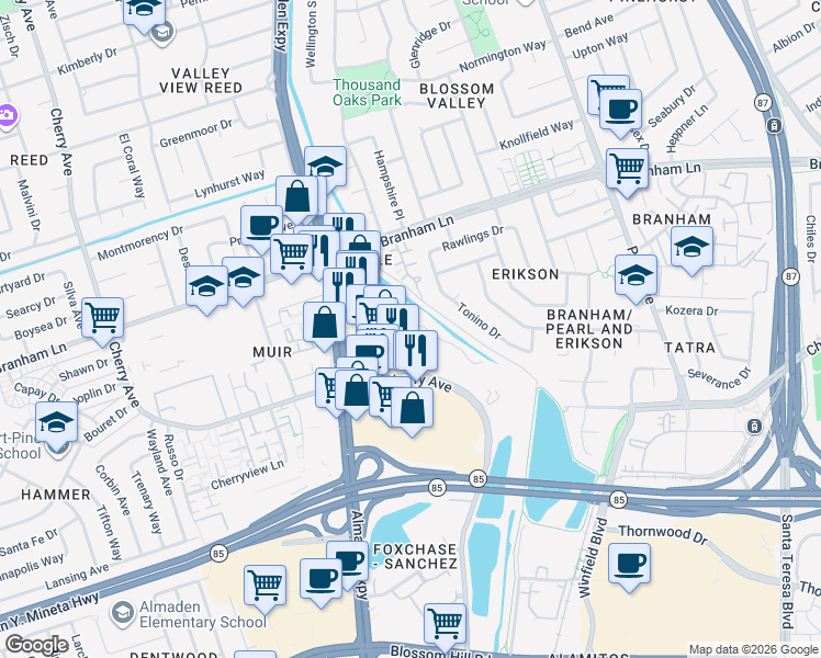 map of restaurants, bars, coffee shops, grocery stores, and more near 4688 Hampton Falls Place in San Jose