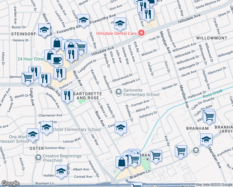 map of restaurants, bars, coffee shops, grocery stores, and more near 3850 Woodford Drive in San Jose