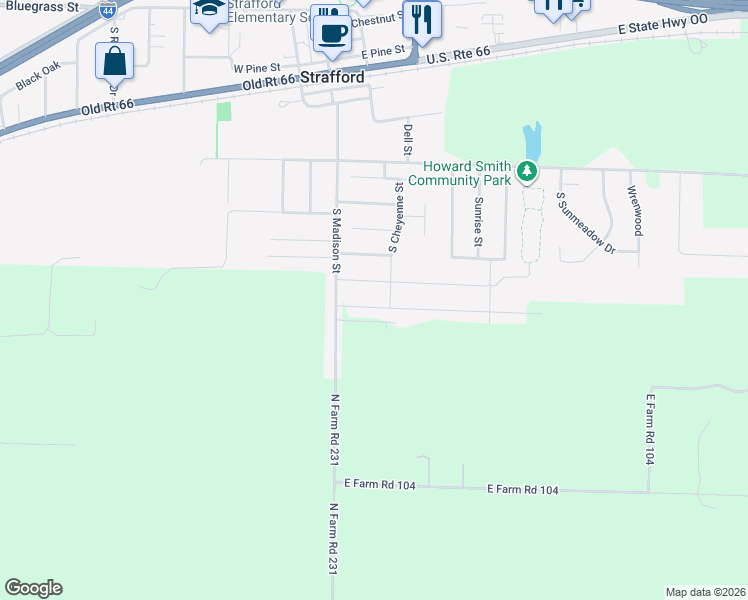 map of restaurants, bars, coffee shops, grocery stores, and more near 108 E Osage St in Strafford