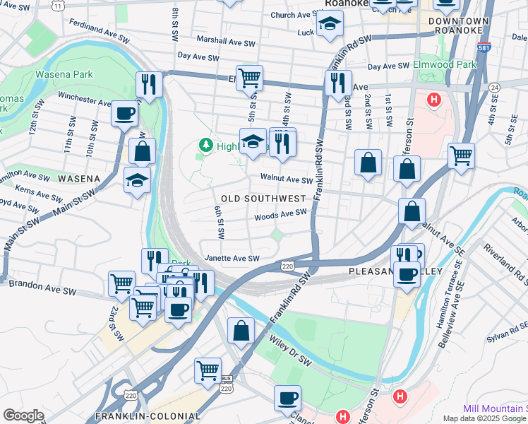 map of restaurants, bars, coffee shops, grocery stores, and more near 413 Woods Avenue Southwest in Roanoke