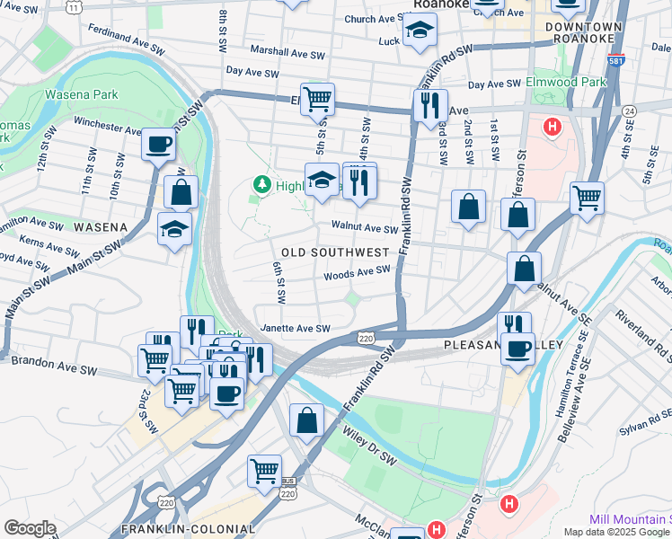 map of restaurants, bars, coffee shops, grocery stores, and more near 413 Woods Avenue Southwest in Roanoke