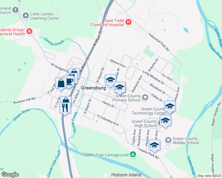 map of restaurants, bars, coffee shops, grocery stores, and more near 401 East Hodgenville Avenue in Greensburg