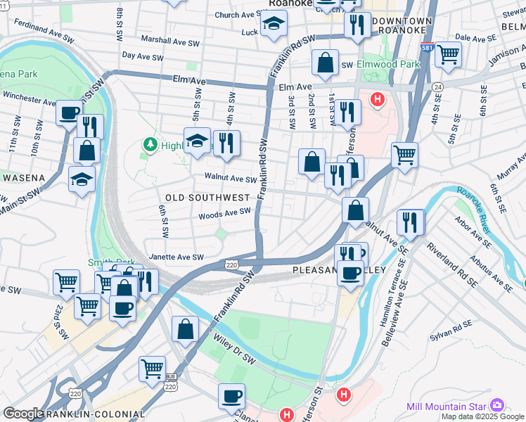 map of restaurants, bars, coffee shops, grocery stores, and more near 1315 Franklin Road Southwest in Roanoke