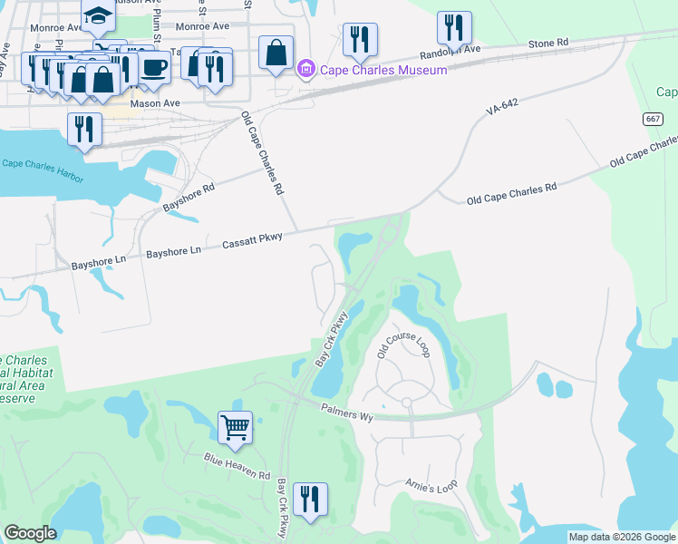 map of restaurants, bars, coffee shops, grocery stores, and more near 110 Churchill Downs in Cape Charles