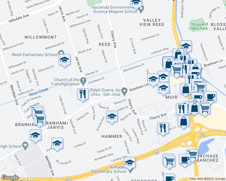 map of restaurants, bars, coffee shops, grocery stores, and more near 1364 Boysea Drive in San Jose