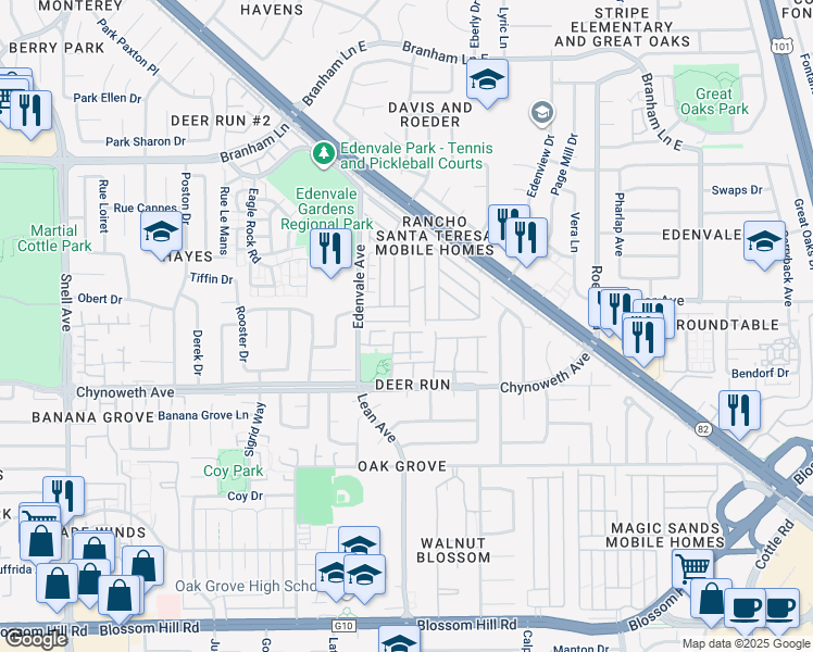 map of restaurants, bars, coffee shops, grocery stores, and more near 510 Saddlebrook Drive in San Jose