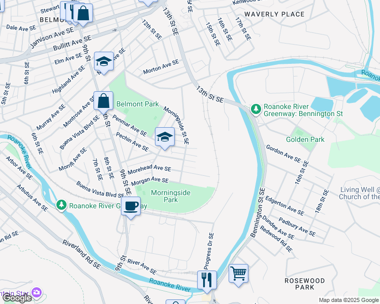 map of restaurants, bars, coffee shops, grocery stores, and more near 1227 Penrod Avenue Southeast in Roanoke