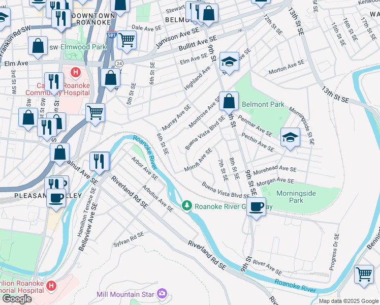 map of restaurants, bars, coffee shops, grocery stores, and more near 1355 Buena Vista Boulevard Southeast in Roanoke