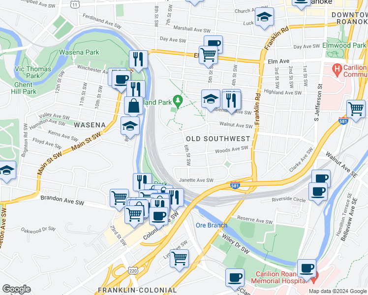 map of restaurants, bars, coffee shops, grocery stores, and more near 601 Allison Avenue Southwest in Roanoke