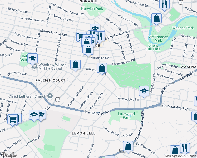 map of restaurants, bars, coffee shops, grocery stores, and more near 1816 Windsor Ave SW in Roanoke