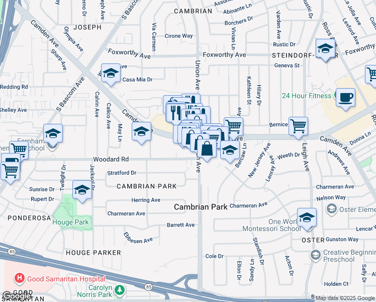 map of restaurants, bars, coffee shops, grocery stores, and more near 2020 Camden Avenue in San Jose