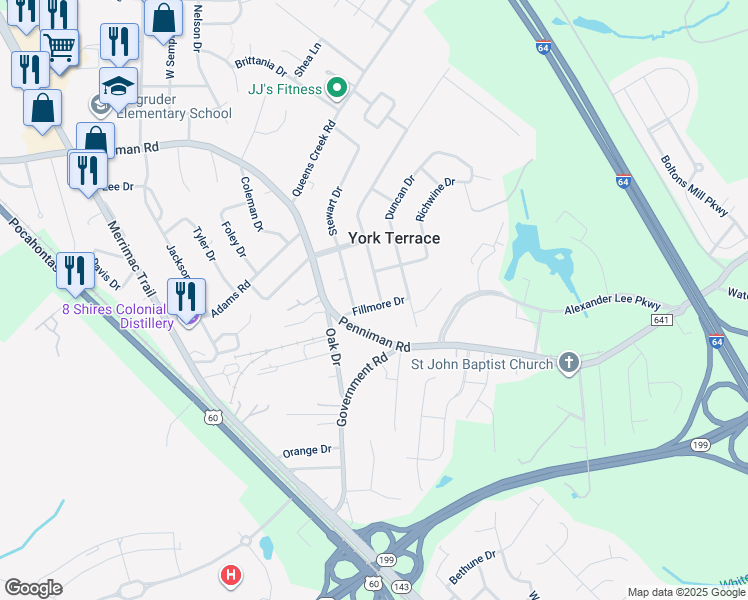 map of restaurants, bars, coffee shops, grocery stores, and more near 500 Fillmore Drive in Williamsburg