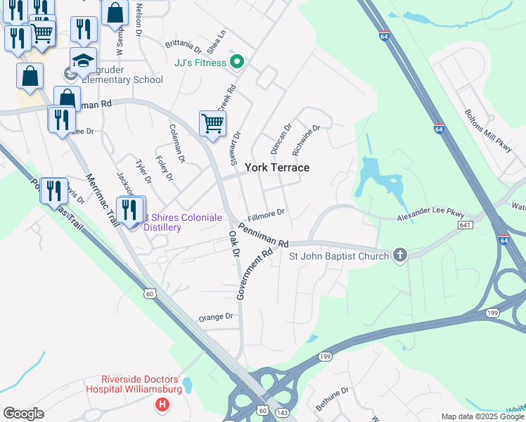 map of restaurants, bars, coffee shops, grocery stores, and more near 500 Fillmore Drive in Williamsburg