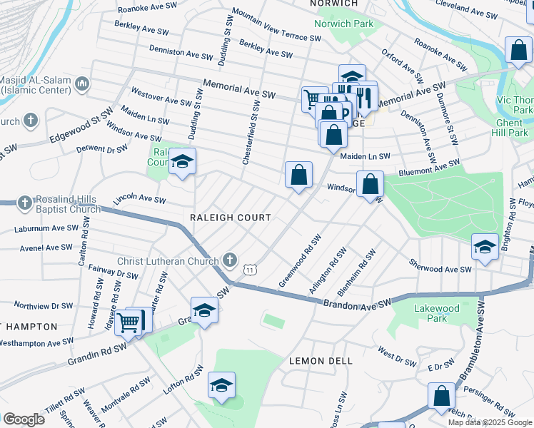 map of restaurants, bars, coffee shops, grocery stores, and more near 1811 Belleville Road Southwest in Roanoke