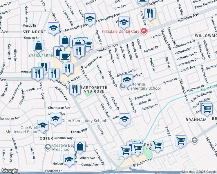 map of restaurants, bars, coffee shops, grocery stores, and more near 1756 Hallmark Lane in San Jose