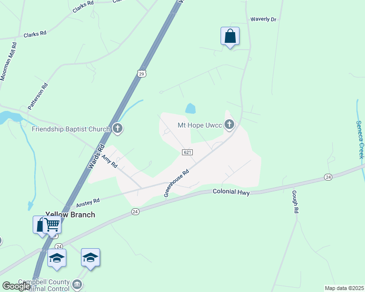 map of restaurants, bars, coffee shops, grocery stores, and more near 121 Oak Grove Drive in Rustburg