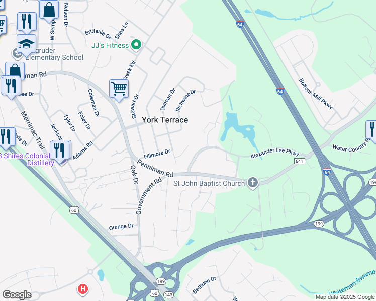 map of restaurants, bars, coffee shops, grocery stores, and more near 114 Emma Rose Court in Williamsburg