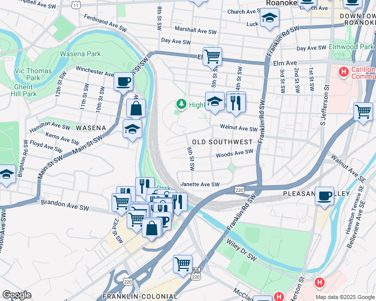 map of restaurants, bars, coffee shops, grocery stores, and more near 601 Allison Avenue Southwest in Roanoke