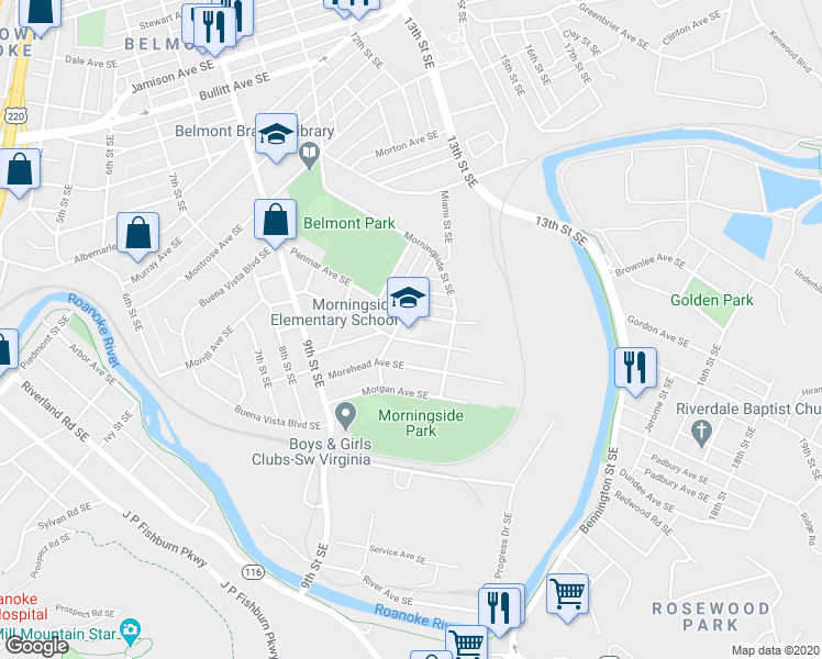 map of restaurants, bars, coffee shops, grocery stores, and more near 1716 Wilson Street Southeast in Roanoke