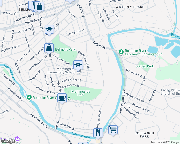 map of restaurants, bars, coffee shops, grocery stores, and more near 1227 Penrod Avenue Southeast in Roanoke