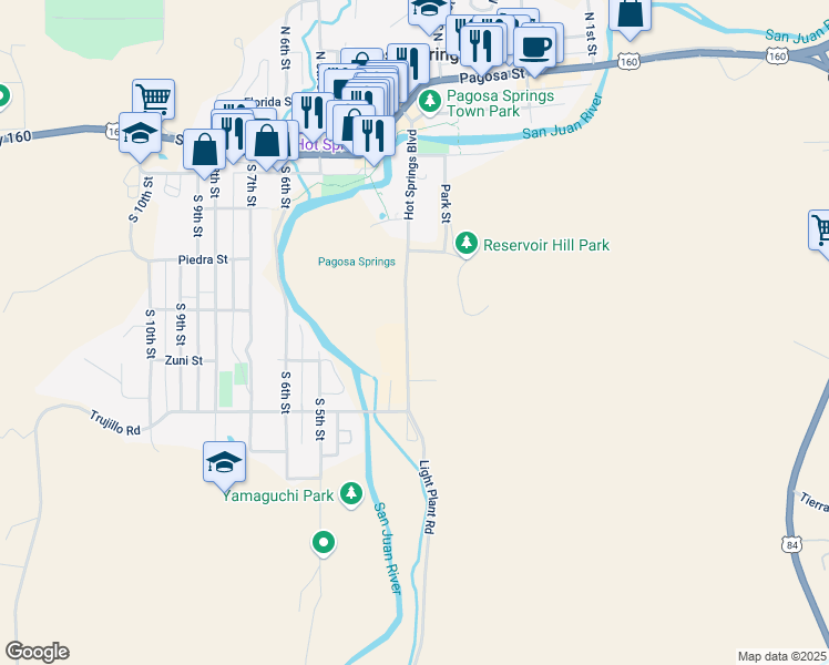 map of restaurants, bars, coffee shops, grocery stores, and more near 450 Hot Springs Boulevard in Pagosa Springs