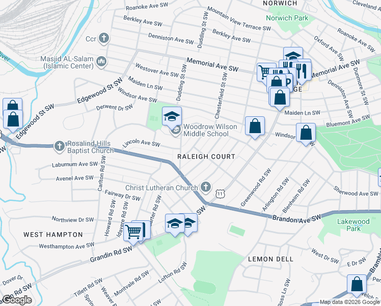 map of restaurants, bars, coffee shops, grocery stores, and more near 1838 Arden Road Southwest in Roanoke