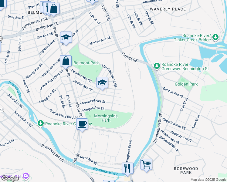 map of restaurants, bars, coffee shops, grocery stores, and more near 1239 Penmar Avenue Southeast in Roanoke