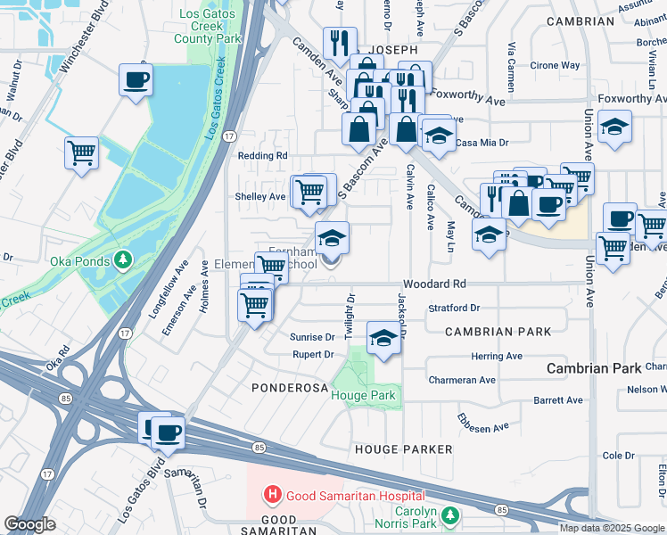 map of restaurants, bars, coffee shops, grocery stores, and more near 15711 Woodard Road in San Jose