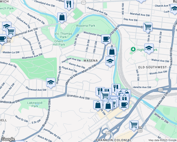 map of restaurants, bars, coffee shops, grocery stores, and more near 1434 Main Street Southwest in Roanoke